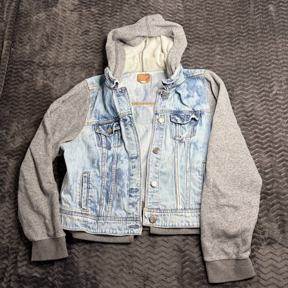 American Eagle kid Hooded Denim Jacket Light Wash Knit Sleeve Jacket size XL